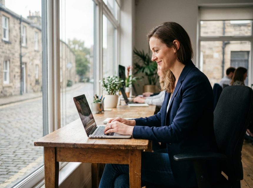 Femme au bureau à Vannes travaillant sur son ordinateur