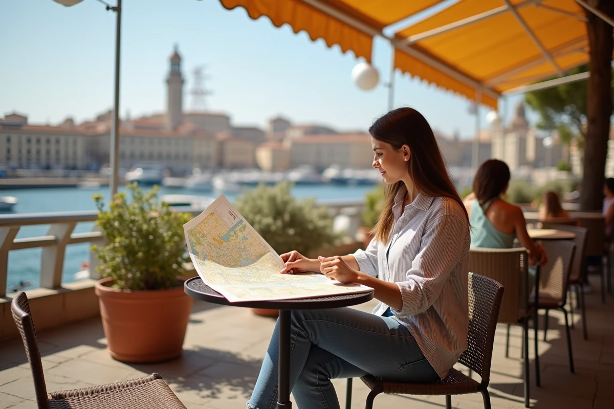 Jeune femme consultant une carte de la ville à une terrasse de café à Marseille avec le Vieux-Port en arrière-plan, évoquant le classement des grandes villes françaises