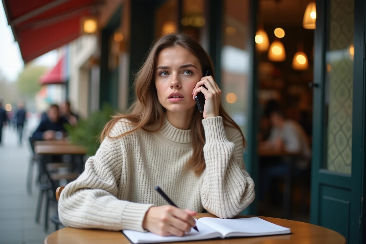 Jeune femme au caf&eacute; parlant au t&eacute;l&eacute;phone avec inqui&eacute;tude