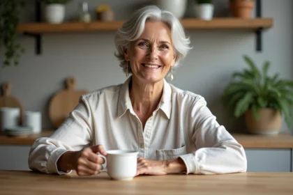 Femme assise &agrave; la cuisine en linen souriant en versant du th&eacute;