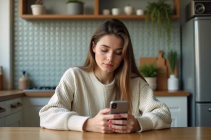 Jeune femme d&eacute;contract&eacute;e dans la cuisine moderne avec smartphone