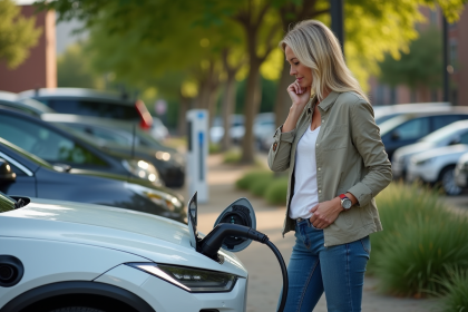 Femme branchant une voiture électrique dans un parking résidentiel