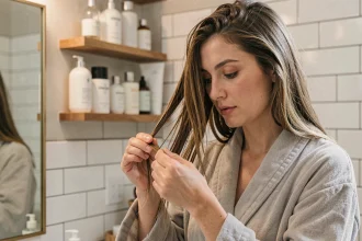 Femme aux cheveux fins examinant ses fourches devant un miroir de salle de bain