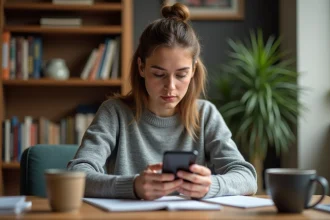 Femme jouant à Codycross sur smartphone, cherchant un mot de passe dans un jeu de mots croisés