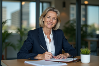 Femme confiante en bureau moderne avec carnet