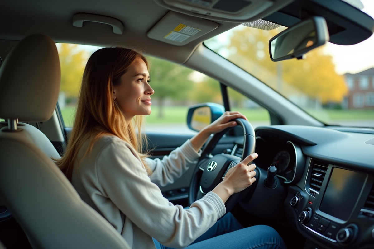 Jeune femme dans une voiture hybride au volant