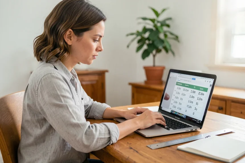 Femme utilisant un convertisseur pouces centimètres sur ordinateur portable à son bureau