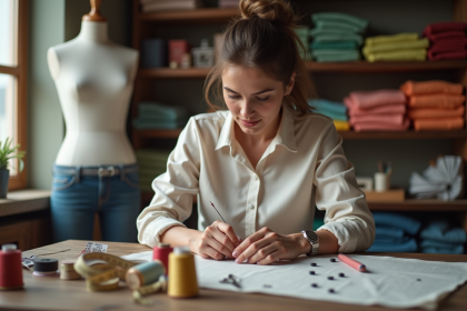 Femme concentrée à coudre dans son atelier de couture