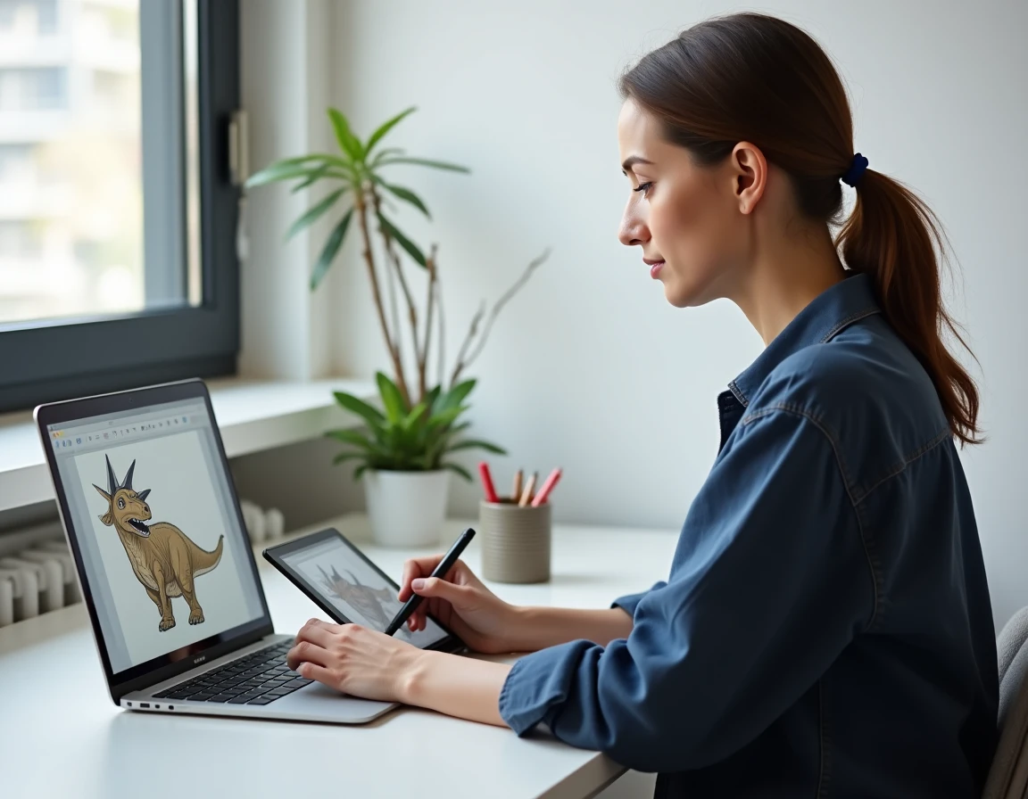 Femme adulte dessinant un tricératops sur tablette graphique dans un bureau minimaliste à domicile