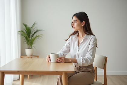Jeune femme en blanc assise à une table minimaliste