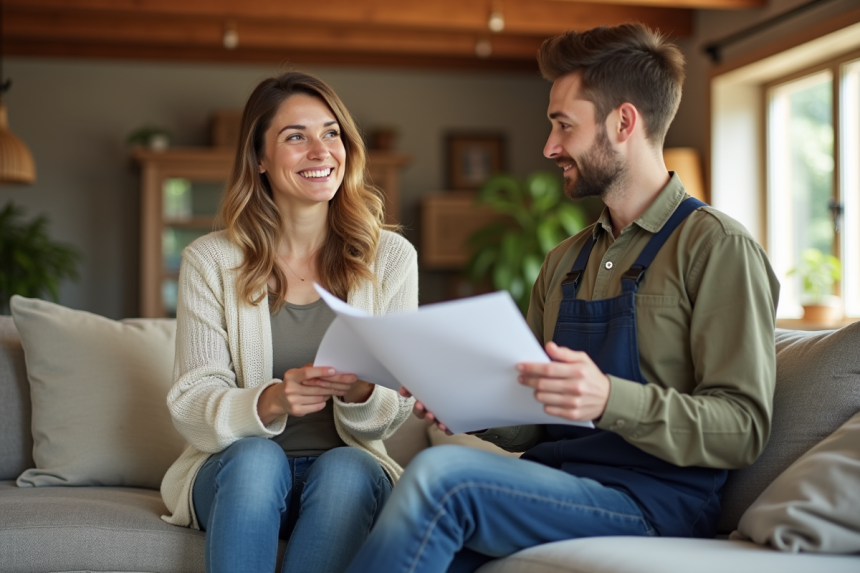 Femme souriante discutant de papiers avec un jeune homme dans un salon cosy