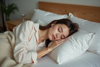 Femme endormie paisiblement dans un lit moderne
