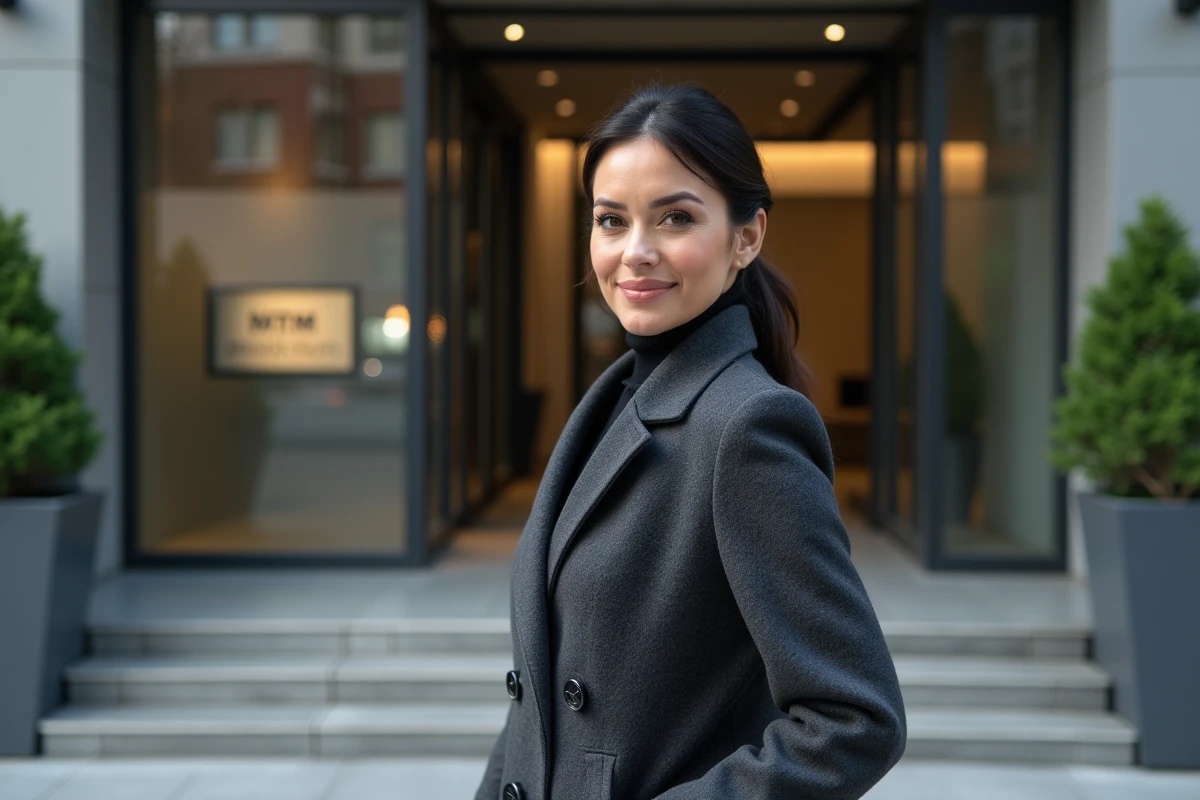 Femme devant l'entrée d'un studio de télévision, symbolisant la notoriété médiatique et l'exposition publique dans les médias français