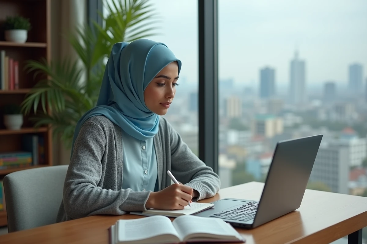 Jeune femme voilée étudiant la sourate Al-Mulk avec un Coran et un carnet de notes à son bureau
