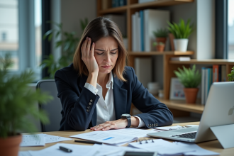 Femme d'affaires fatiguée à son bureau encombré