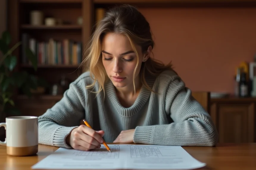 Femme concentrée résolvant une grille de mots croisés type Pédantix à une table en bois dans une cuisine chaleureuse