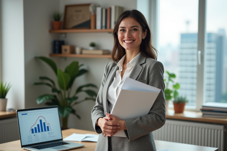 Femme confiante en blazer tenant un dossier immobilier