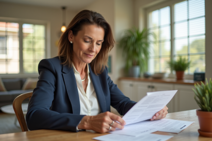 Femme française examinant documents immobiliers dans une maison moderne