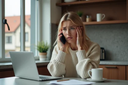 Femme inqui&egrave;te parlant au t&eacute;l&eacute;phone dans une cuisine moderne belge