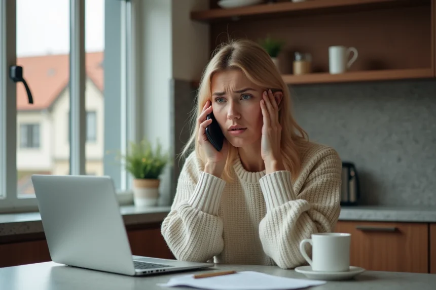 Femme inquiète parlant au téléphone dans une cuisine moderne belge
