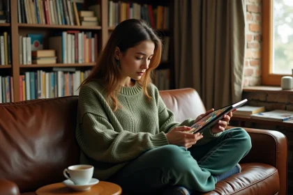 Jeune femme lisant des bandes dessinées sur une tablette via une plateforme de streaming BD comme Crunshiscan, assise dans un salon cosy