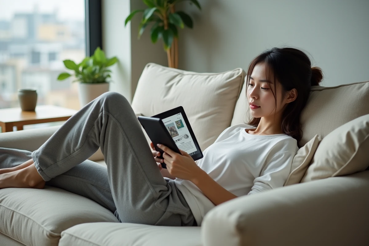 Jeune femme lisant des mangas sur tablette allongée dans un salon moderne et détendu