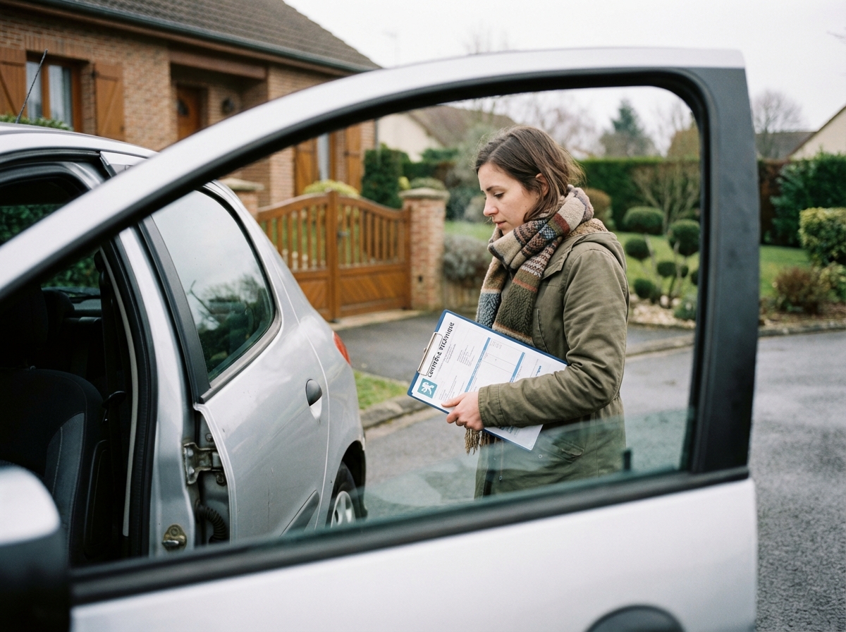 Jeune femme examine des papiers près de sa voiture dans une cour résidentielle