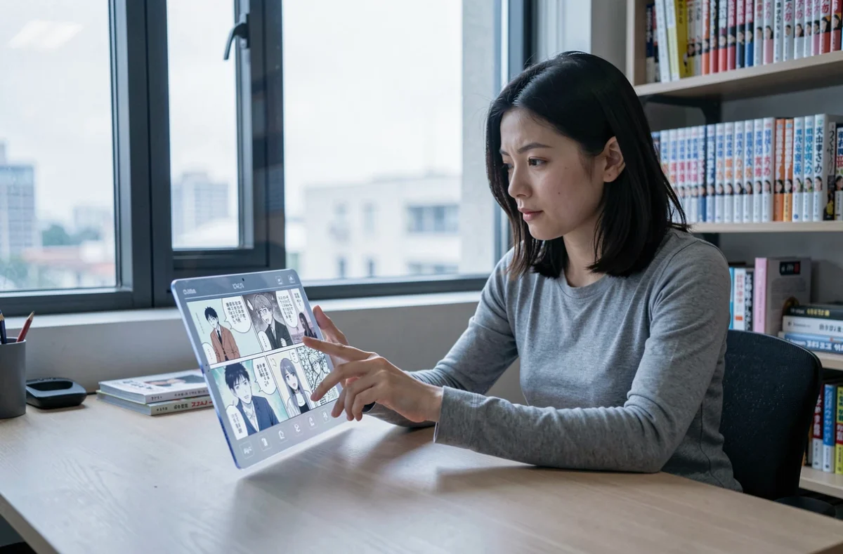 Femme lisant des scans VF de One Piece sur une interface numérique futuriste à son bureau à domicile