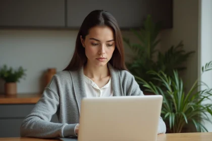 Jeune femme lisant des avis en ligne &agrave; la maison