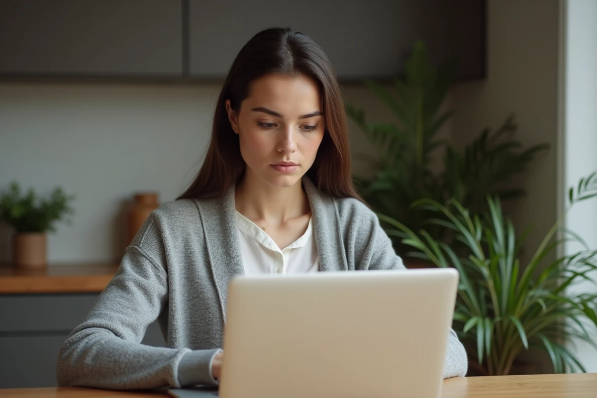 Jeune femme lisant des avis en ligne à la maison