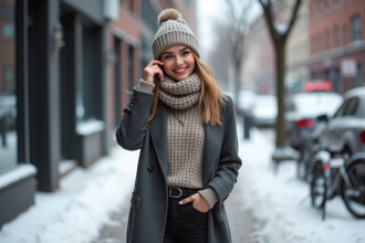 Femme élégante en manteau d'hiver dans la ville enneigée