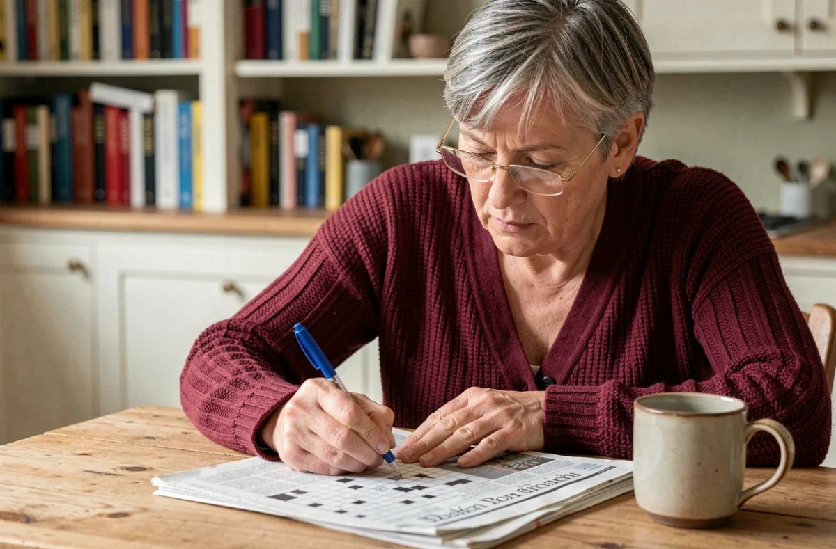 Femme belge d'âge mûr résolvant des mots croisés dans sa cuisine avec un stylo et un journal