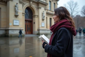 Femme devant un musée contemporain de Lyon sous la pluie d'automne tenant un programme d'exposition