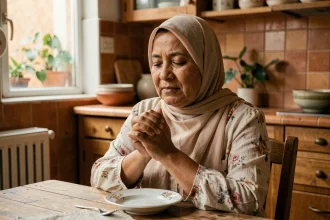 Femme musulmane récitant Allahouma barik avant un repas familial dans une cuisine traditionnelle