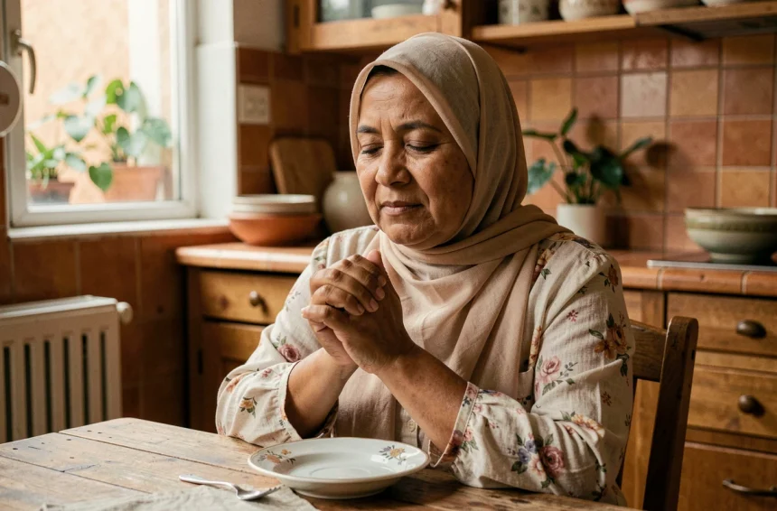 Femme musulmane récitant Allahouma barik avant un repas familial dans une cuisine traditionnelle