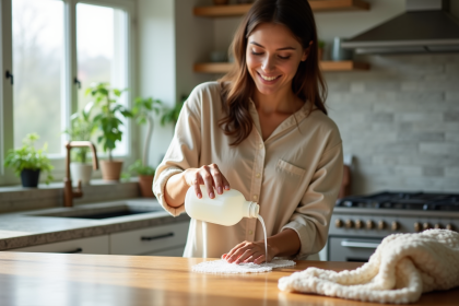 Femme versant solution naturelle sur plan de travail