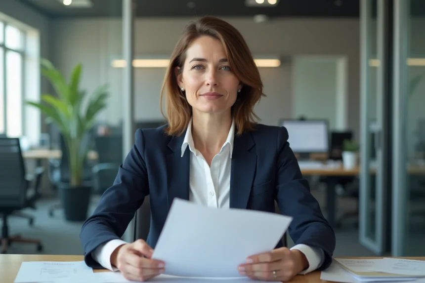 Femme en blazer navy tenant des papiers importants dans un bureau moderne