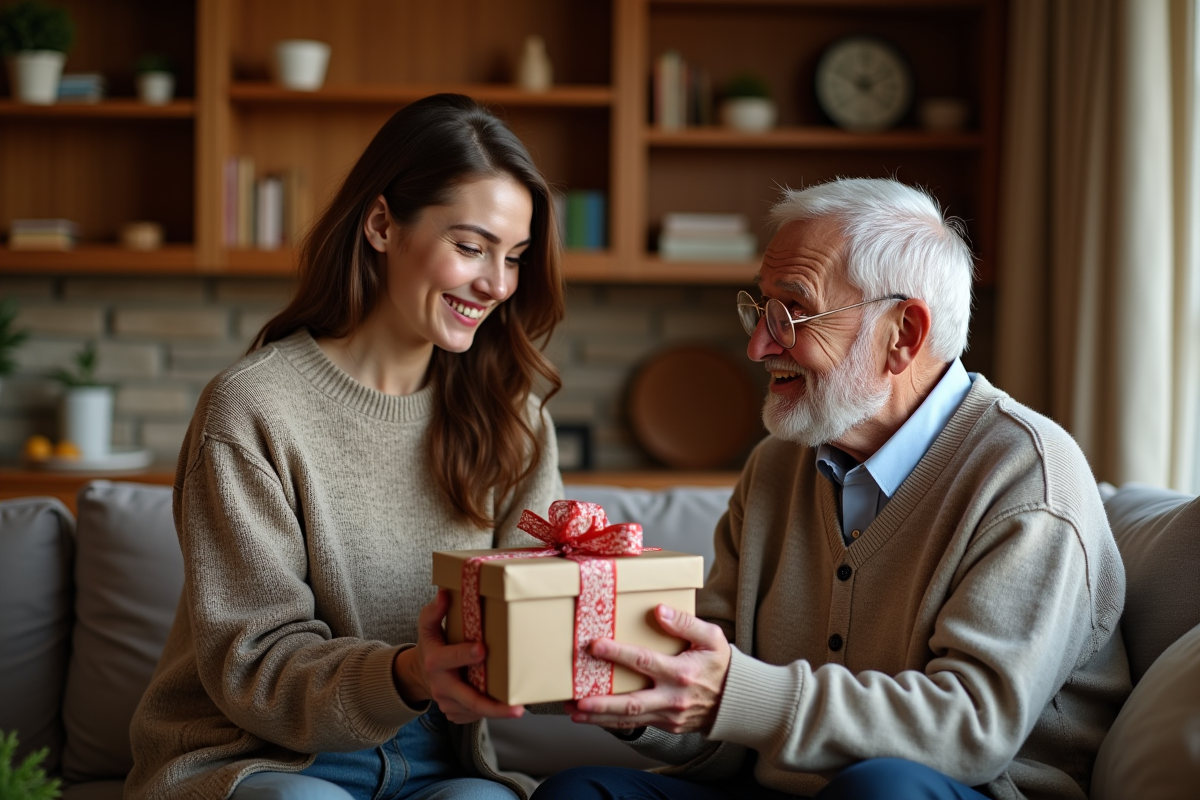Femme souriante offrant un cadeau à son père dans un salon chaleureux