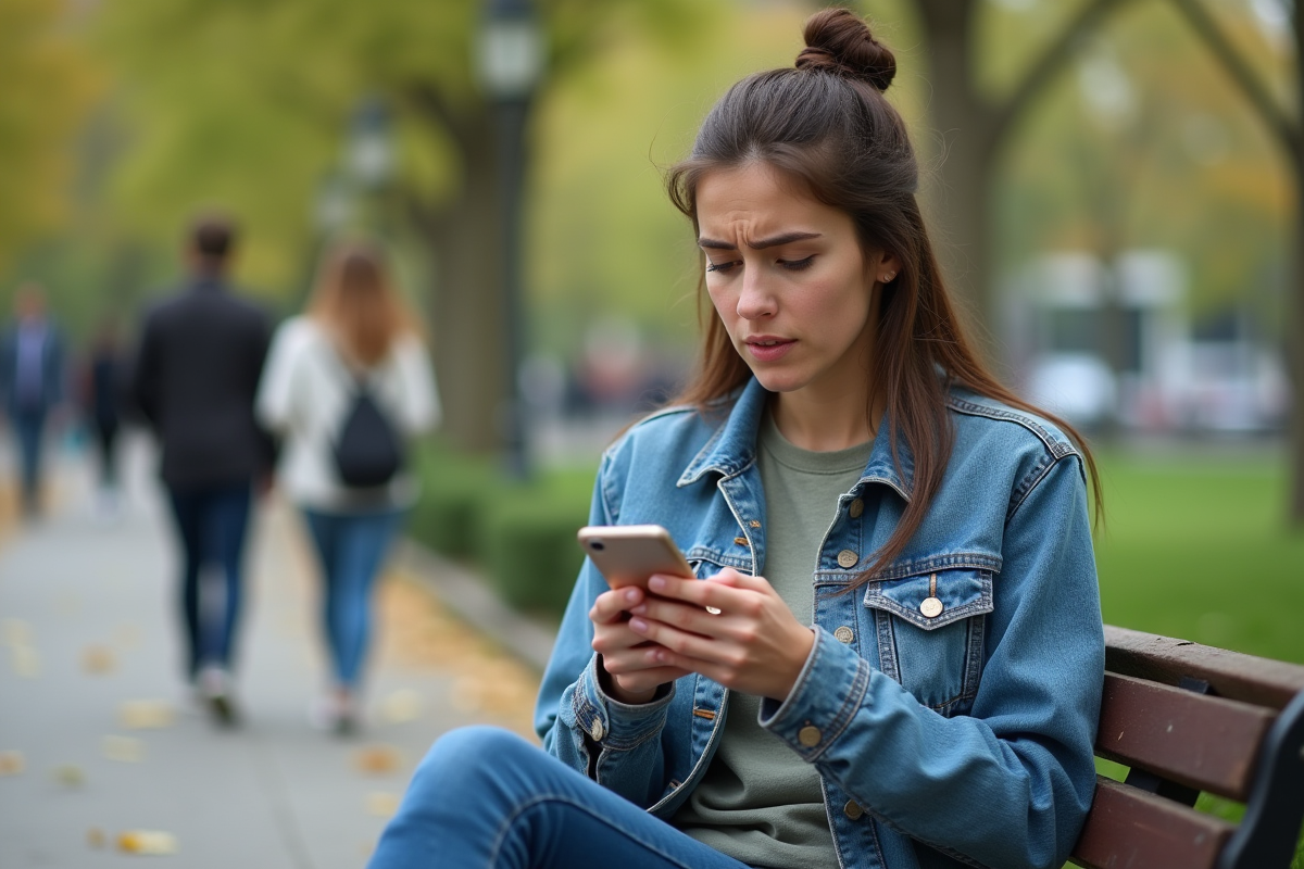 Jeune femme assise sur un banc dans un parc avec son smartphone