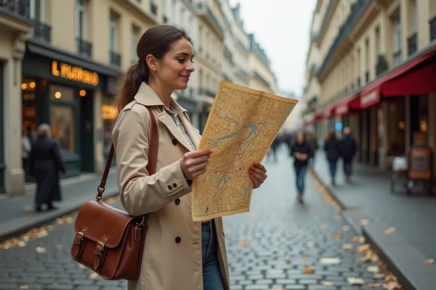 Femme consultant un plan des arrondissements de Paris dans une rue haussmannienne en automne