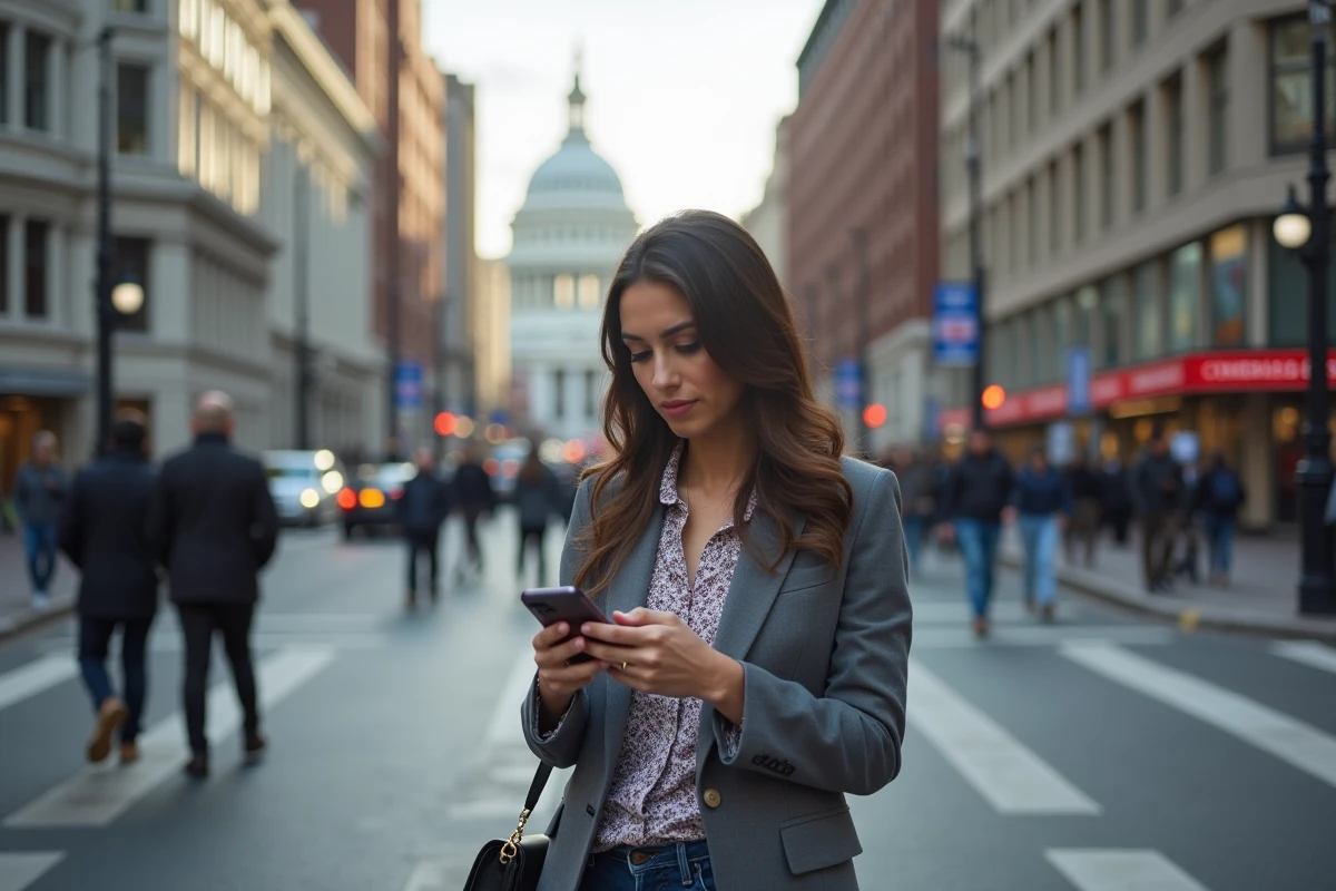 Jeune femme vérifiant ses actualités politiques dans une rue de Washington