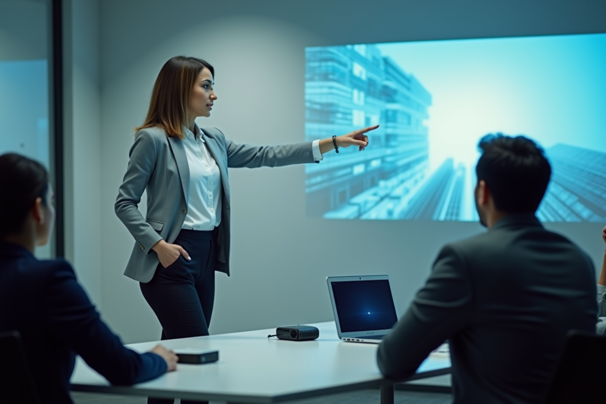 Femme en réunion présentant une projection moderne