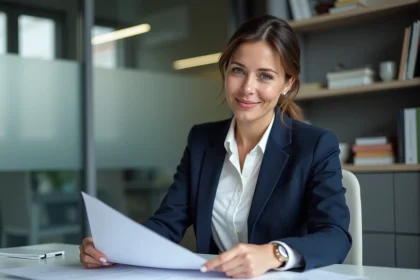 Femme professionnelle dans un bureau éditorial moderne examinant des documents, illustrant la visibilité médiatique et la crédibilité journalistique