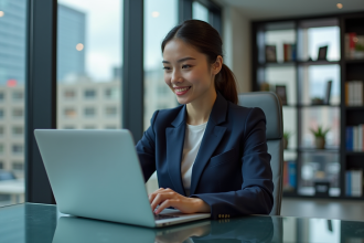 Jeune femme d'affaires en bureau moderne avec ordinateur