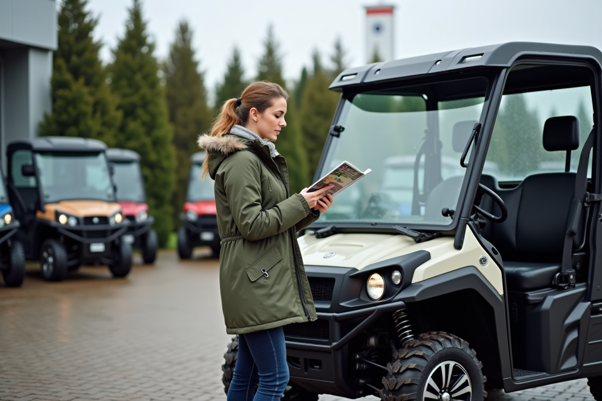 Femme lisant une brochure près d’un quad en concession