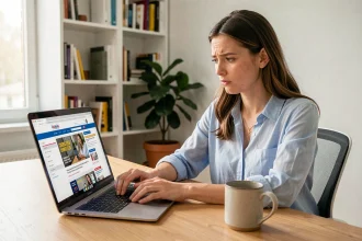 Femme cherchant le centre d'aide Leboncoin sur son ordinateur portable dans un bureau à domicile