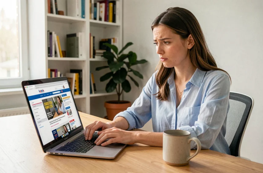 Femme cherchant le centre d'aide Leboncoin sur son ordinateur portable dans un bureau à domicile