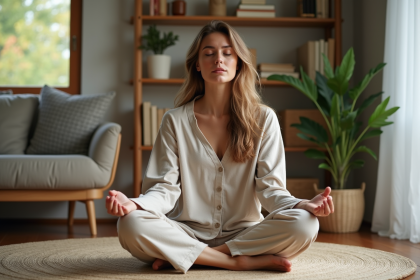Jeune femme détendue en loungewear dans un salon cosy
