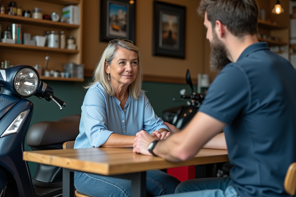 Femme discutant avec un mécanicien dans un atelier de réparation moto à Dax