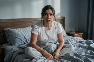 Femme se réveillant en sursaut d'un mauvais rêve angoissant dans sa chambre à coucher